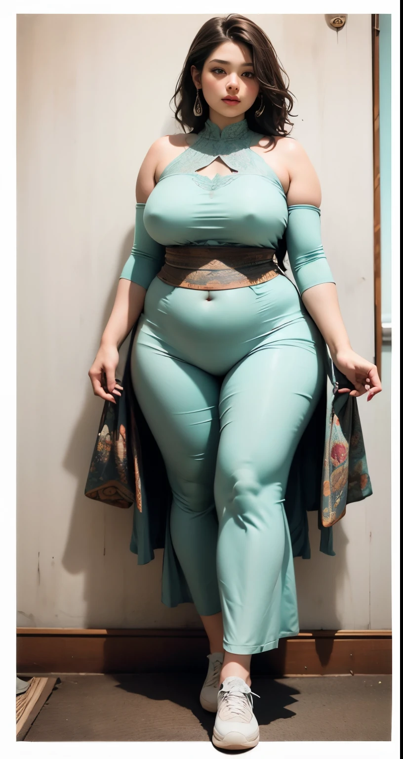 ((best quality)), ((masterpiece)), (detailed), perfect face, araffe woman in a polite gamis walking in dark room, thicc, she has a jiggly fat round belly, bbwchan, wearing gamis formal, skinny waist and thick hips, widest hips, her belly is fat and round, soft curvy shape, hyperrealistic full figure, wearing a formal gamis , wide hips, cropped shoulders,Bare belly,(big assa:0.6),,, thicc, beautiful thick female, beautiful curvy female,, Tall and tall,clear curvy details, curvy hourglass figure, alluring plus sized model, bbwchan, Voluptious body, Curvy model, Curvy body, Be red in the face, 1girll, a matural female, A MILF, the golden ratio,(Kpop idol),(Oil skin:0.72), (Oil skin:1.1), iremuzi tattoos on thighs, big tattoo on thighs, japanese goddess , korean Goddess , milky white skin, wearing longest clothes, wearing sneakers , wavy short hair , brown hair, wearing pants , polite clothes