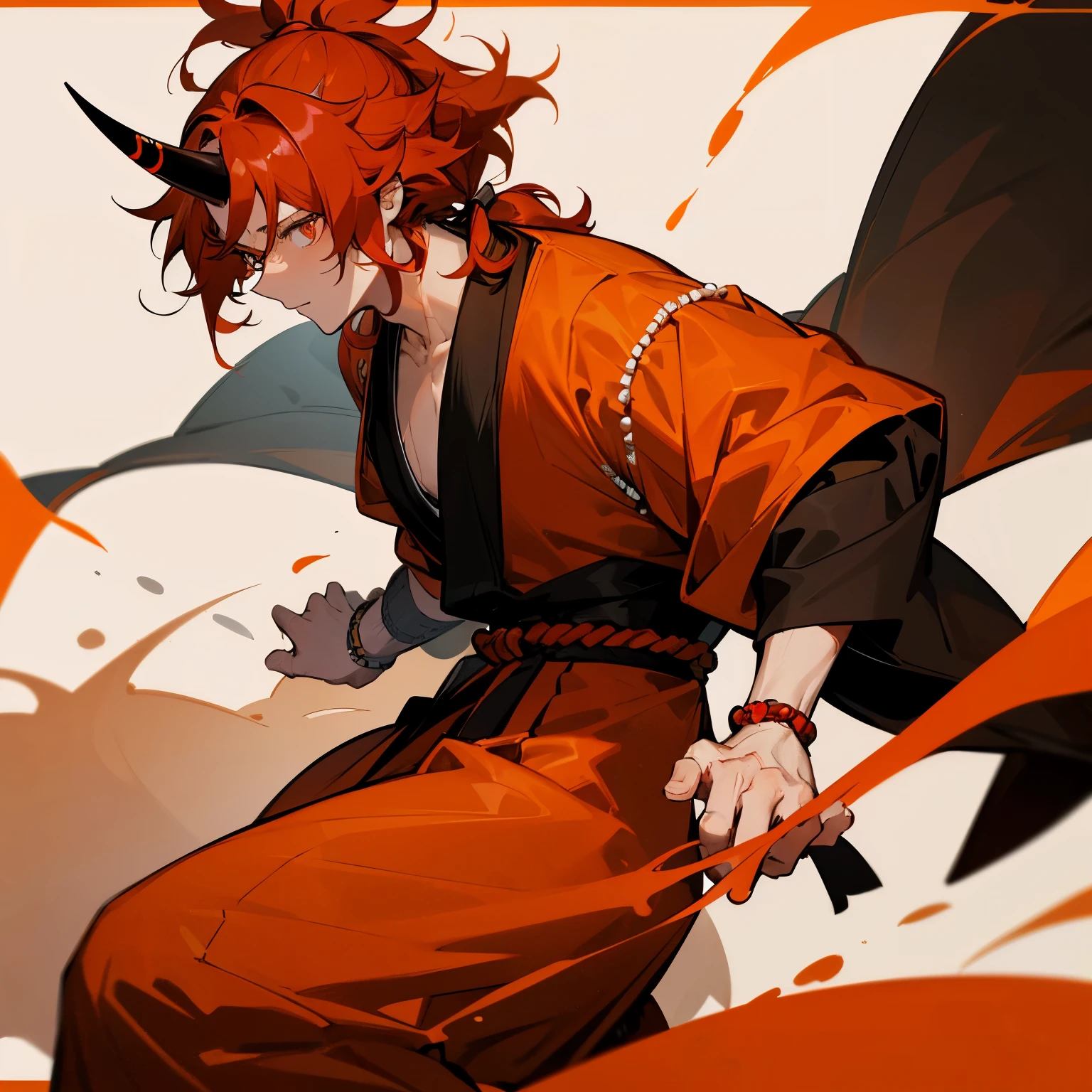 1male , Wavy Hair , Red Hair , Bright Orange Eyes , One Horn , Highlighted Orange Hair , Black Haori , Robe , Prayer Beads on Wrist , Hair Tied Back into a small Ponytail , Adult Male , Muscular , Shaggy Hair , messy hair