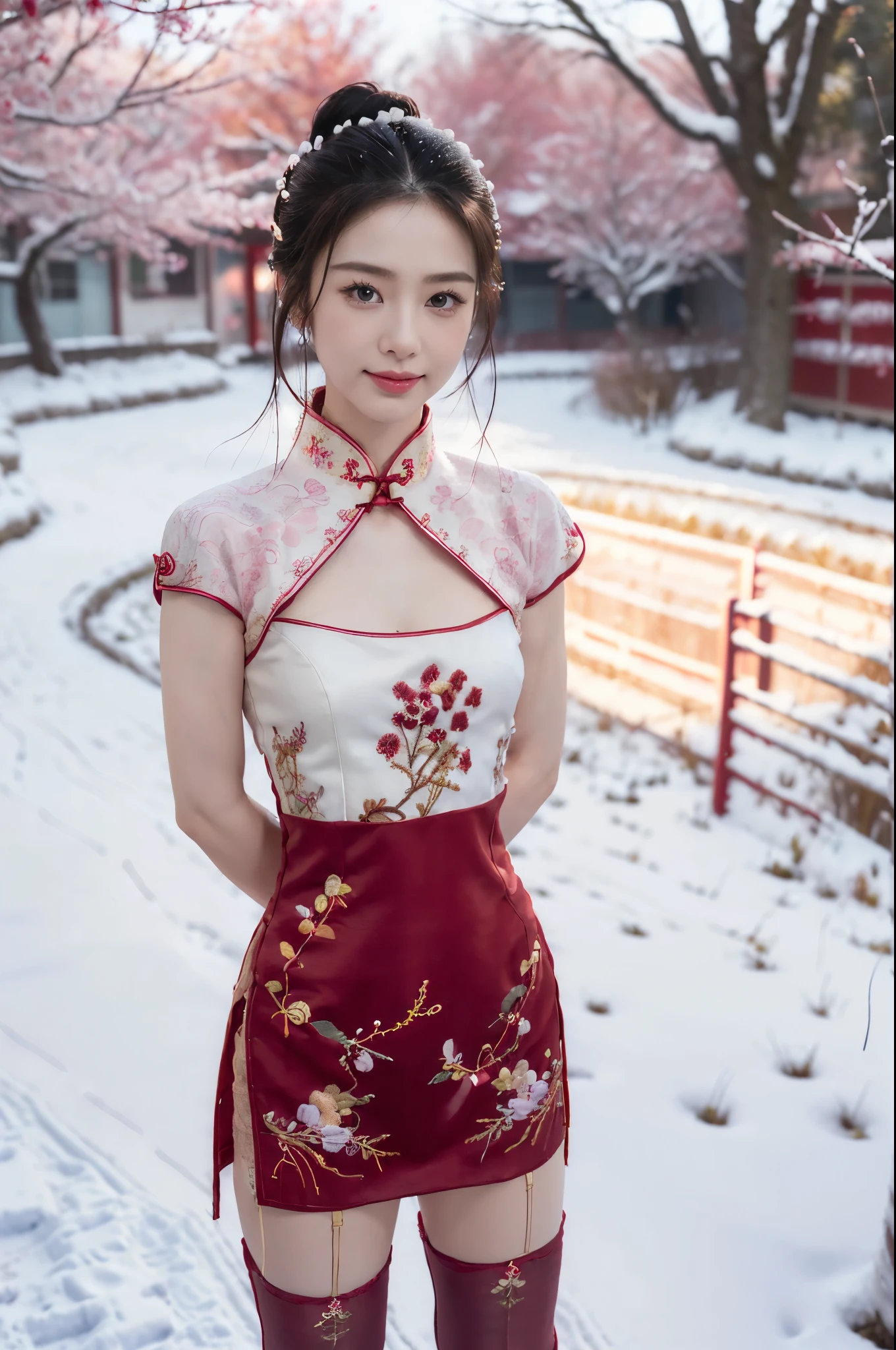 ((((8k))),((Extremely meticulous CG)) ,(wallpaper),16k,((Extremely refined and beautiful)),(((Masterpiece))),(((best qualtiy))),(((Ultra High Resolution))),beautiful light up,Perfect lightning,realistic shaded,[A high resolution],(Smooth and flawless fair skin:1.5),(pale skin:1.3),Extremely exquisite facial details,(perfect body:1.1),ultra-detailed,A beautiful girl,solo,(small head:1.2),(bun hair:1.2),(small face:1.2),Exquisite makeup,(blush:1.3),(small breasts:1.2),(flat chests:1.2),(slim,thin),happy,(smile:1.2),(fur collar:1.3),(Maxi gorgeous exquisitely embroidered red cheongsam:1.5),(cleavage:1.2),(Short sleeves:1.2),(gloves:1.2),(stockings:1.5),(high heels:1.2),(day scene:1.3),(outdoor:1.2),(In a Red plum blooming garden:1.5),(snow scape:1.5),(snowing),(winter:1.2),(cloudy:1.2),(detailed background:1.5),(standing:1.3),(next to a tree:1.2),(arms behind back:1.3),(upper body:1.3),(from front:1.3),