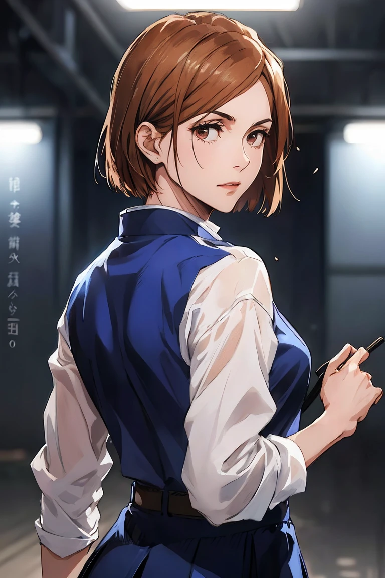 1girl, cowboy shot, beautiful Nobara, school_uniform, bangs, jacket,, volumetric lighting, best quality, masterpiece, intricate details, tonemapping, sharp focus, hyper detailed, trending on Art Station, 4k, upper body, backwards, looking back