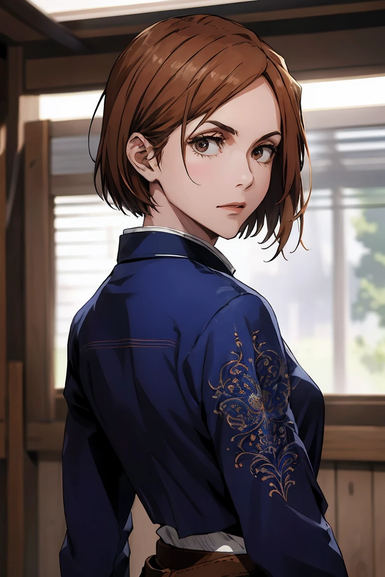 1girl, cowboy shot, beautiful Nobara, school_uniform, bangs, jacket,, volumetric lighting, best quality, masterpiece, intricate details, tonemapping, sharp focus, hyper detailed, trending on Art Station, 4k, upper body, backwards, looking back