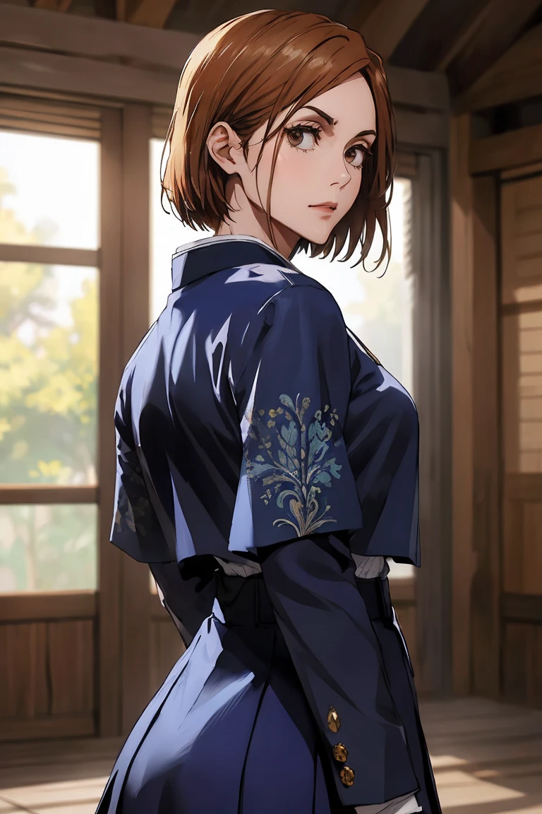 1girl, cowboy shot, beautiful Nobara, school_uniform, bangs, jacket,, volumetric lighting, best quality, masterpiece, intricate details, tonemapping, sharp focus, hyper detailed, trending on Art Station, 4k, upper body, backwards, looking back