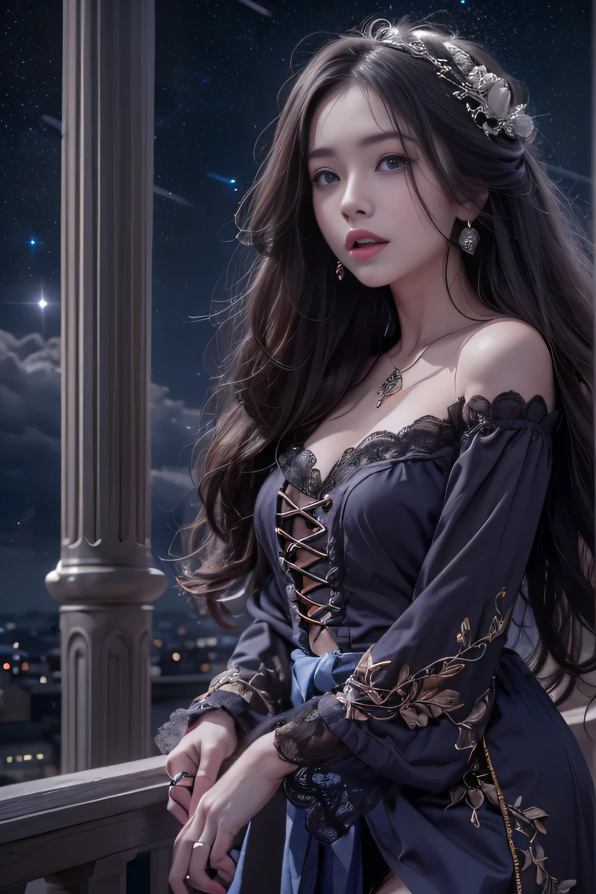 (girl standing on the balcony of the palace)girl portrait photography, realistic, High resolution, 1 female, alone, Upper body, beautiful eyes, Close your lips, detailed face, gray hair, long hair, (off shoulder black lace long dress) ,(There is a slit up to the waist.),fur coat, stockings,(night sky full of stars)