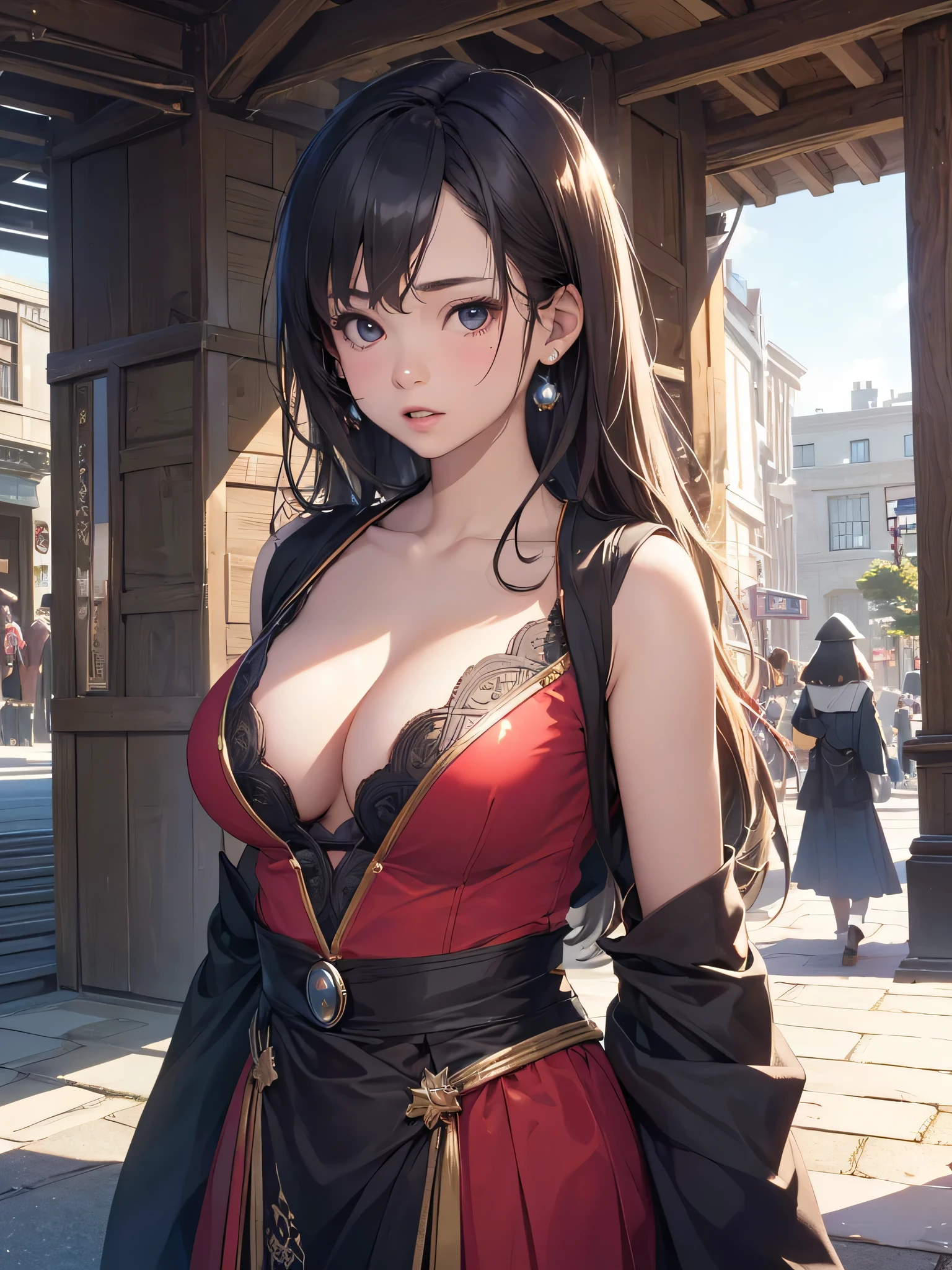 (Best Quality:1.4), Realistic, extremely detailed CG unified 8k wallpaper, ighly detailed, High-definition raw color photos, professional photograpy, Realistic portrait, Cinematic Light, Beautiful detailed, 1girl, Beautiful breasts, (cleavage), (Fine face:1.2), Close up portrait of girl in beautiful clothes with wide open front, Bare shoulders, (Beautiful clothes with wide open chest:1.4), Outdoors, high intricate detailed, Sense of truth, (universal studios Japan, attractions, harry potter, mario bros:1.3), outdoor, Universal Studios Japan scenery,
