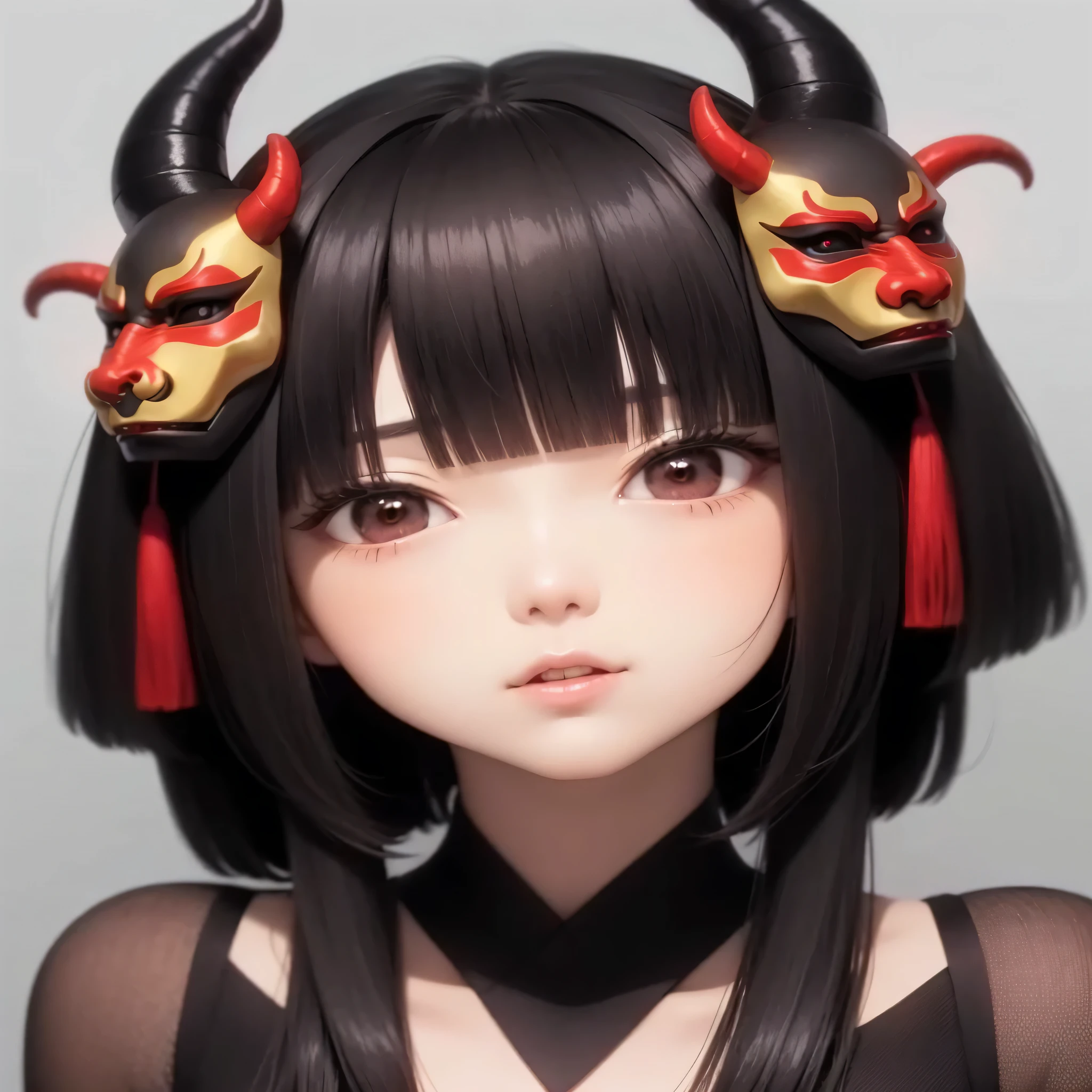 Fundo preto com letras japonesas de fundo, uma mulher japonesa anime com roupas pretas e um rosto bravo, a demon mask hanging from his head, zoom out