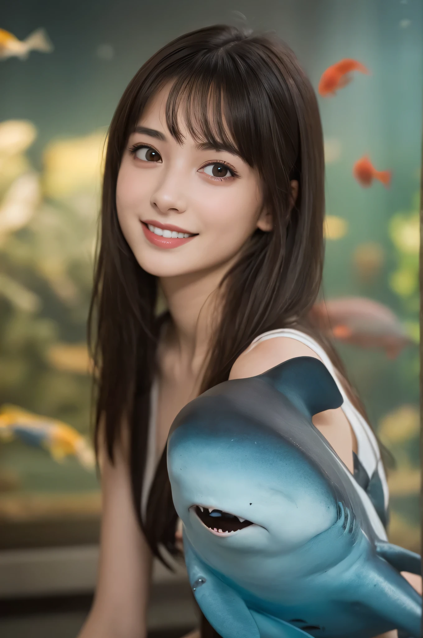 (best quality), (ultra-detailed), (llustration), (detailed light), (an extremely delicate and beautiful), 1young girl, long hair, brown eyes, (smile slightly, Innocent and cute expression), model, Enchanting, Sublime, Ethereal, fantastic, extremely detailed CG unified 8k wallpaper, High-definition raw color photos, professional photography, (Bokeh), indoors, (aquarium), whale shark, shark, small fish, napoleon fish, Backlighting, depth of fields,