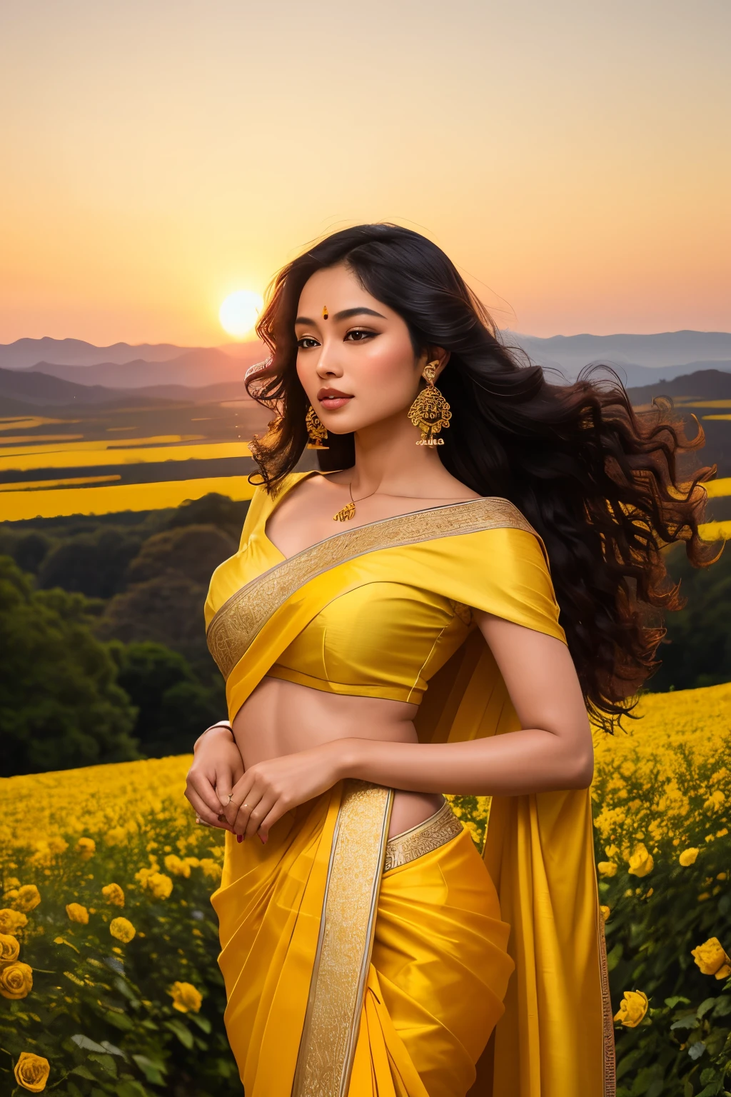 As the sun started to descend, painting the landscape with a golden glow, a breathtaking woman of Japanese, Javanese, Canadian, and Bangladeshi descent stood amidst a captivating field of vibrant yellow roses. She wore a brilliant yellow chiffon sari, the stunning color contrasting beautifully with the flowers that bloomed around her. Her long, wavy black hair swayed gently in the breeze, accentuating her naturally stunning features. With an inverted triangle body shape and teardrop-curls framing her face, she embodied grace and elegance amidst the mesmerizing sunset scenery. The scene was rendered in automatic, realistic style, with meticulous attention