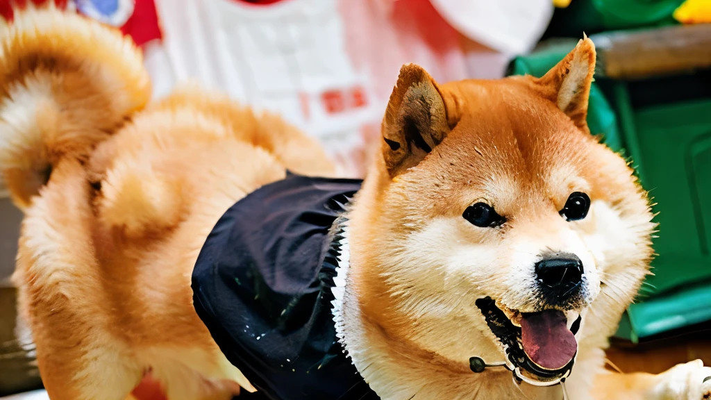 Photoreal,  Dog, cute, Shiba Inu doing fitness, angry,Leotard figure，Shiba Inu wearing a macho print T-shirt,　fluffy, In the muscle training room, laughter, better quality, High resolution, intricate details, fantasy, cute動物たち, left, humorous.