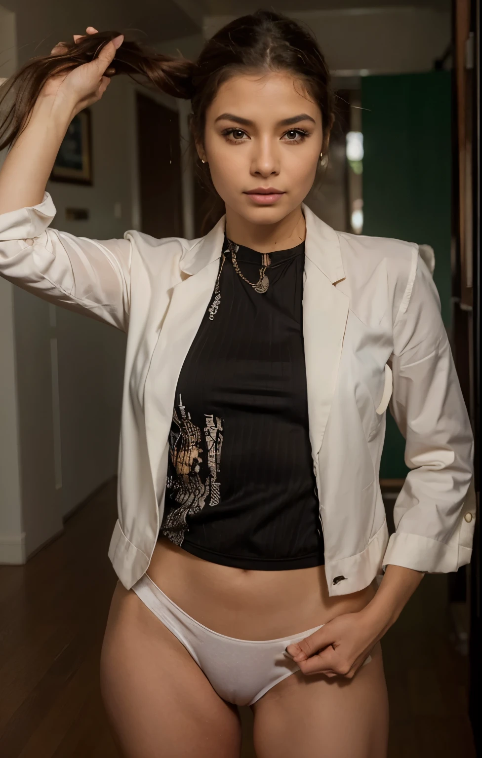 Crie uma mulher sofisticada, pele branca, cabelo liso na altura do ombro cor castanho claro olhos castanhos, usando blazer bege , a mulher pesa 60kg e tem 40 anos