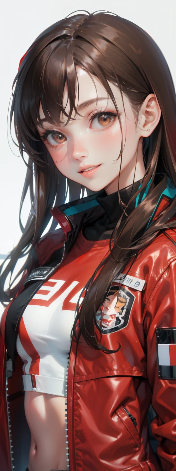 1 girl, alone,Brown hair underwater, brown eyes, parted lips, long sleeves, jacket, simple background, Upper body, red background, looking at the audience, teeth, red jacket, lips, role play,  whole body, Smile，motorcycle