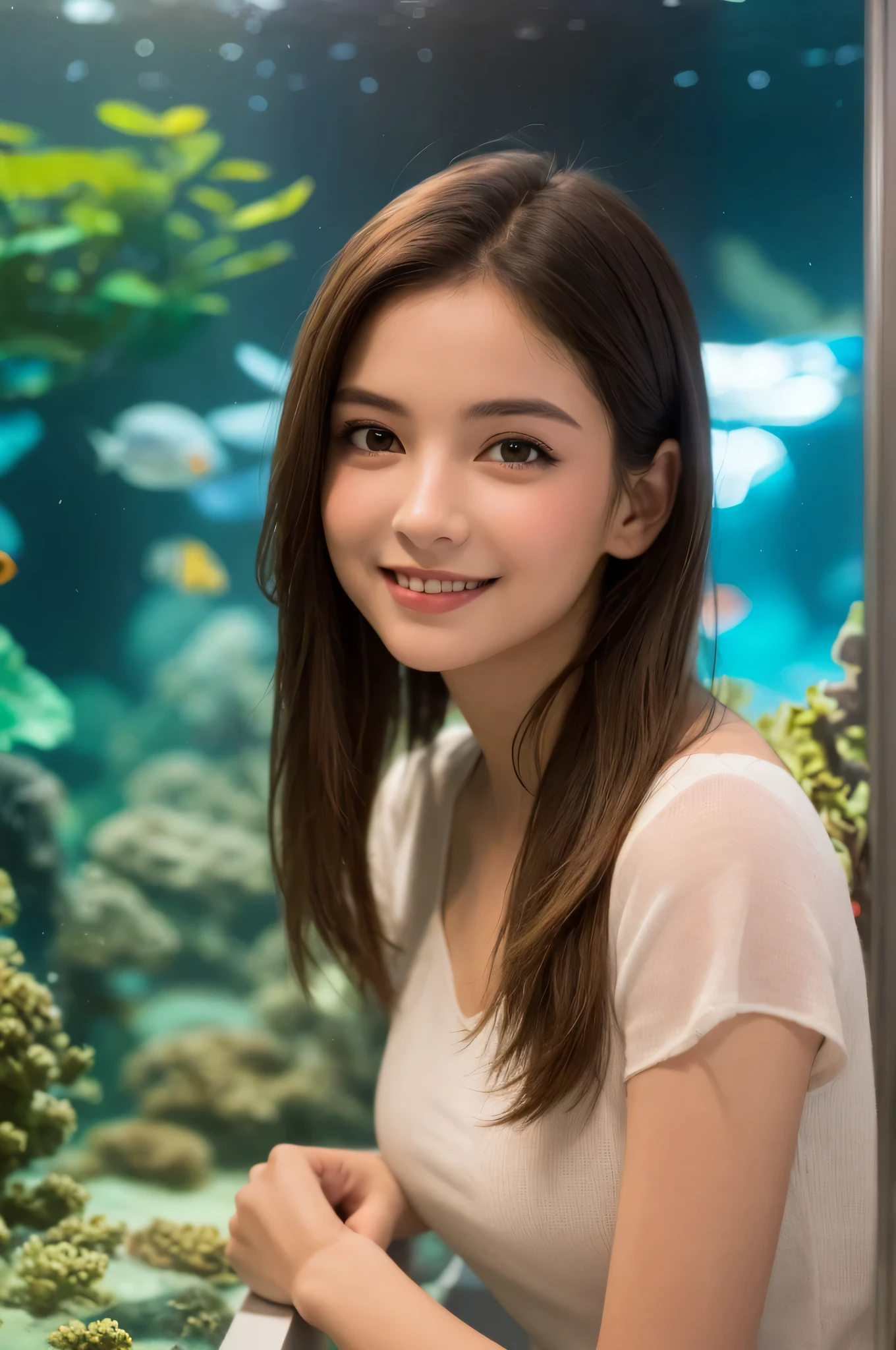 (best quality), (ultra-detailed), (llustration), (detailed light), (an extremely delicate and beautiful), 1young girl, long hair, brown eyes, (smile slightly, Innocent and cute expression), model, Enchanting, Sublime, Ethereal, fantastic, extremely detailed CG unified 8k wallpaper, High-definition raw color photos, professional photography, (Bokeh), indoors, (aquarium), whale shark, shark, small fish, napoleon fish, Backlighting, depth of fields,