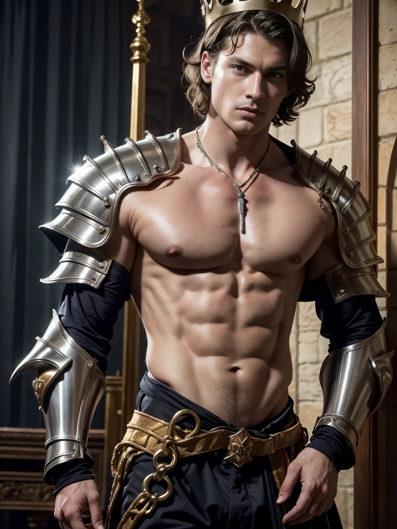 Photorealistic, ((best quality)), ((masterpiece)), (detailed), masculine portrait of a young dark medieval prince, 18-year-old male models, handsome, tall, cute looking, evil look, dark look, powerful, young male, handsome model, clean shave, silver eyes. (short curly messy brown hair:1.2), messy curly hair, super strong, muscular, fit, massive muscles, six pack, (shirtless:1.5), barechested, half-naked, topless, muscle, ripped, strong body, fit body, great chest, amazing arms, (evil masculine crown:1.4), fantasy royal jewels, (medieval armor:1.4), a fairytale castle in the background, medieval feast, (Dark background:1) 8k, high detailed, ultra-detailed, Stylish Pose, real skin texture, dark cinematic lighting
