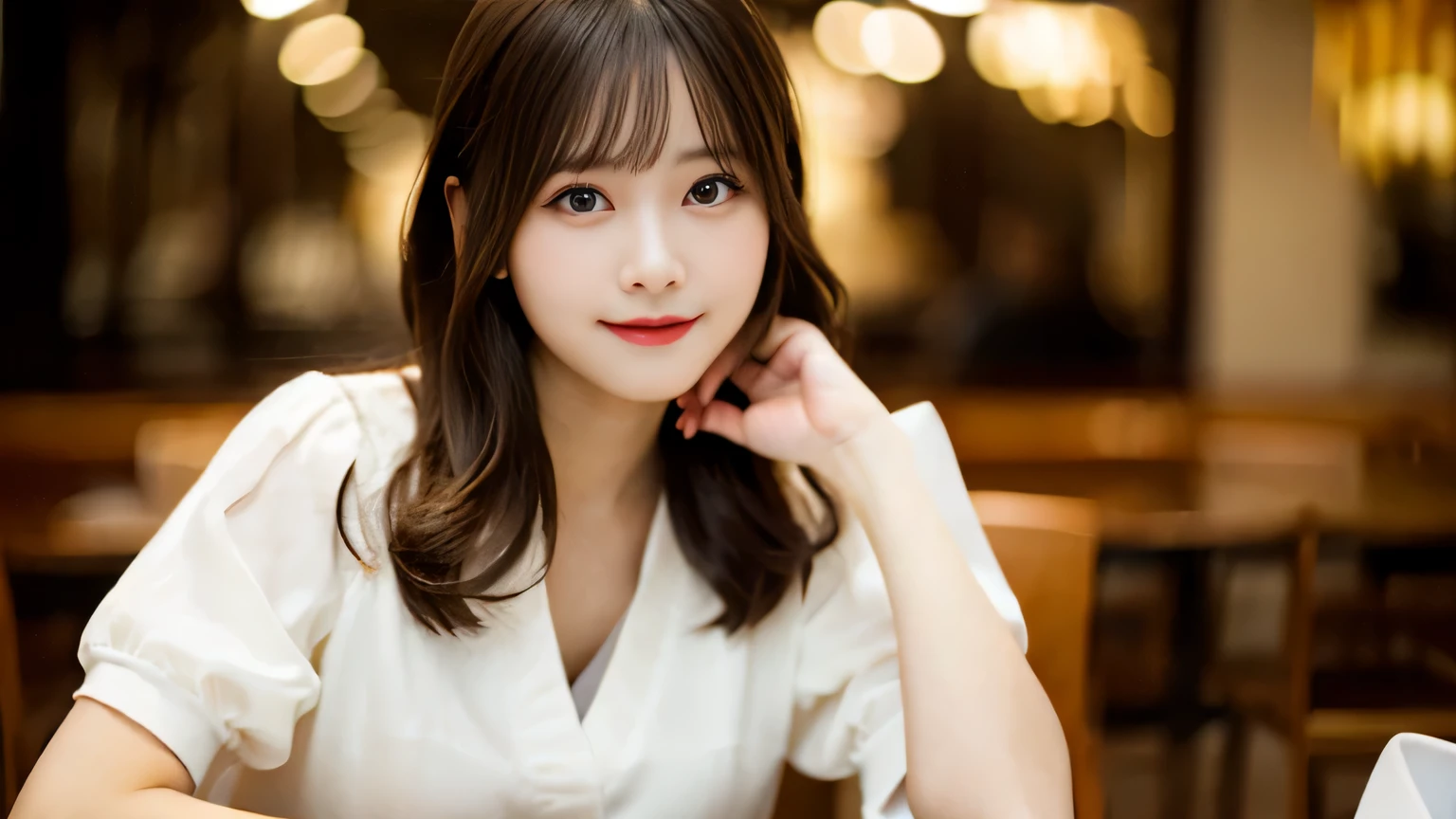 super high quality, smile, Slenderのネックレス, Slender, Gravure photoshoot, The staff is working at the counter in the back., (8k、RAW Photos、Highest quality、masterpiece:1.2), Japanese Idol, Stylish café, Fashion magazine photoshoot, (Realistic、Photorealistic:1.37), Mesh Hair, Urban Cafe, Golden Ratio, Raw photo, Cute face , Light Brown Hair, Small breasts, Bright cafe interior, Blurred Background, Beauty salon model, Summer clothes, Cafe Terrace, Open Cafe, Photographed inside the cafe, Hair blowing in the wind, Neat clothes, ponytail, boyish, Very Short Hair, 18-year-old, Stylish clothes,