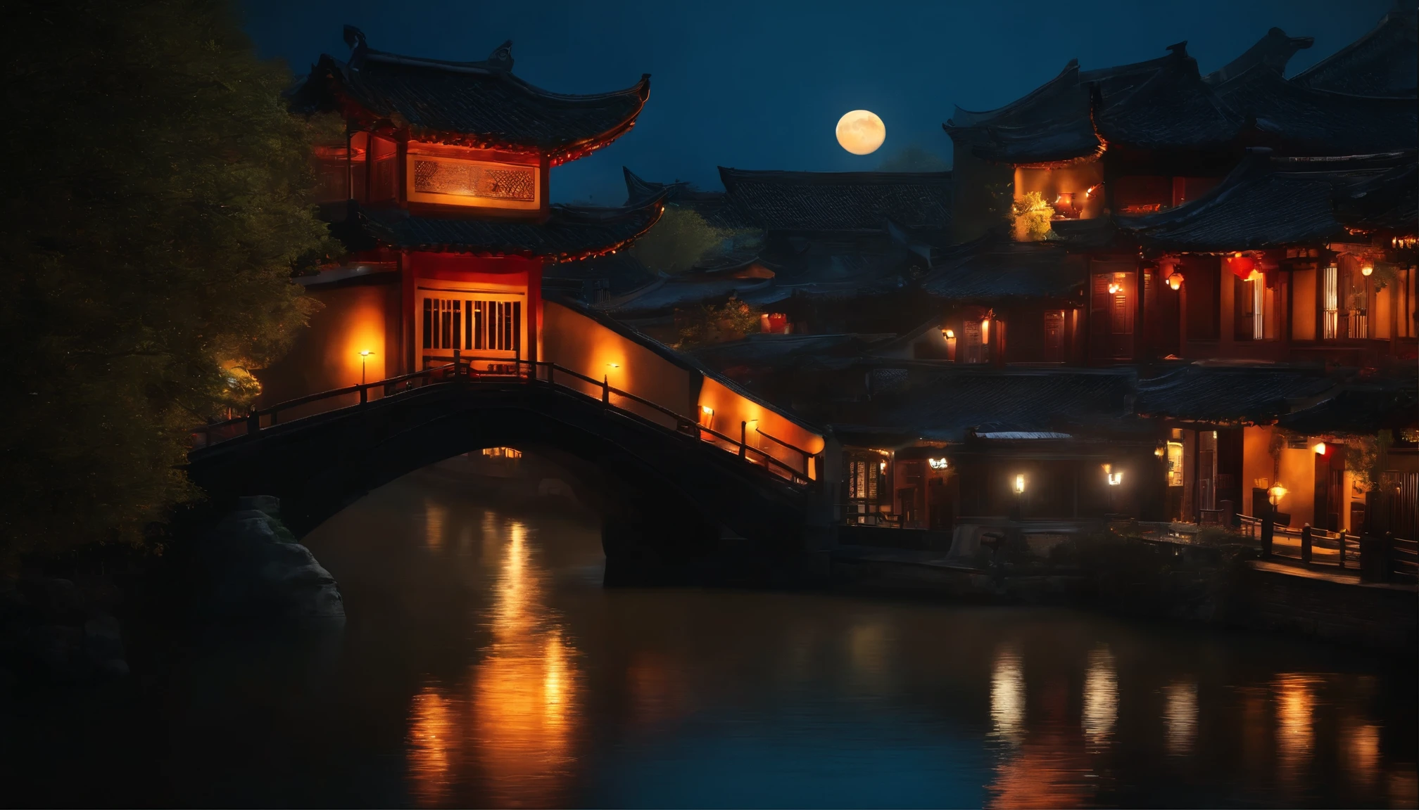 (masterpiece, highest quality, figure, small details), ((Highly detailed CG Unity 8k wallpaper, High resolution)), high color saturation, weak light, concept art, ((unmanned)), (landscape), (Petit Pont au Courant), (Jiangnan Water Town), null, night, (full moon), cloud, outdoors, architecture, river, Suzhou Garden