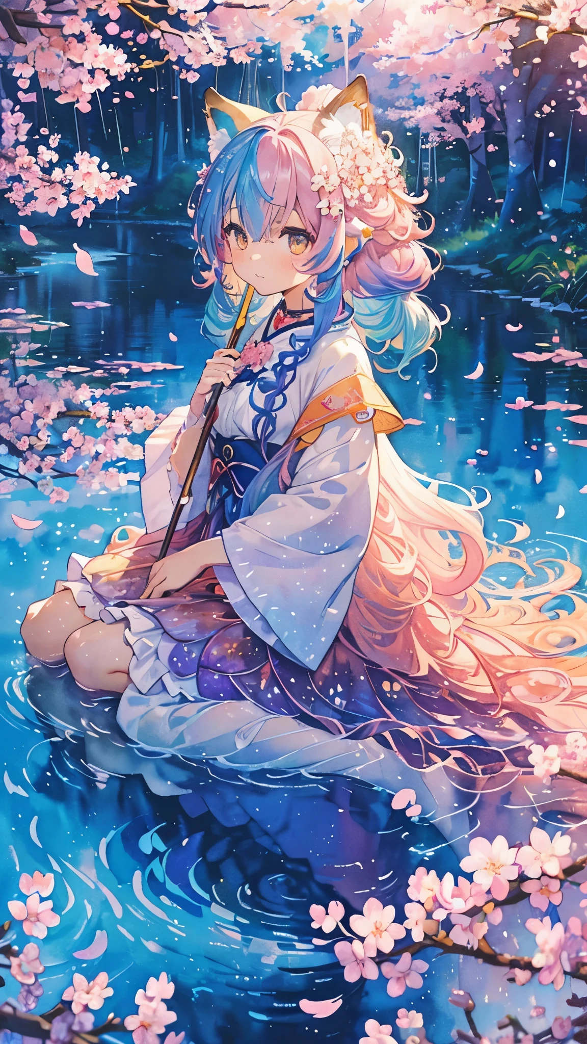 Fox ears, Fox tails, (​masterpiece、top-quality、top-quality、watercolor paiting(Curly)、Official art、Beautifully Aesthetic:1.2)、(1girl in:1.3)、(Fractal Art:1.3)、patterns、(rainbow-colored hair、colourful hair、Half blue and half light pink hair:1.2)、Eau、liquids、​​clouds、starrysky、stele、((Rain)),(((cherryblossom))),
