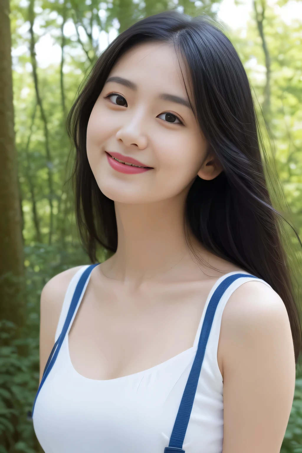 beautiful and cute girl, full body photo, Very beautiful and delicate, black hair, cute smile, Delicate and beautiful fair skin, realistic and realistic, exquisite and perfect facial features, Detailed facial description, expensiveノーズブリッジ, flowing silky hair, very delicate hair, soft temperament, D size chest, face light, expensive, thin, genuine, Hyper genuine, whole body lens, front tilt angle, ultimate image quality, highest precision, Accurate and perfect human body structure. blue sky and white clouds, sitting in the forest, blue sky and white clouds, sunlight, (suspenders, mini skirt) You can clearly see the white pants, messy hair, physical rendering, exquisite clavicle, big and full breasts.