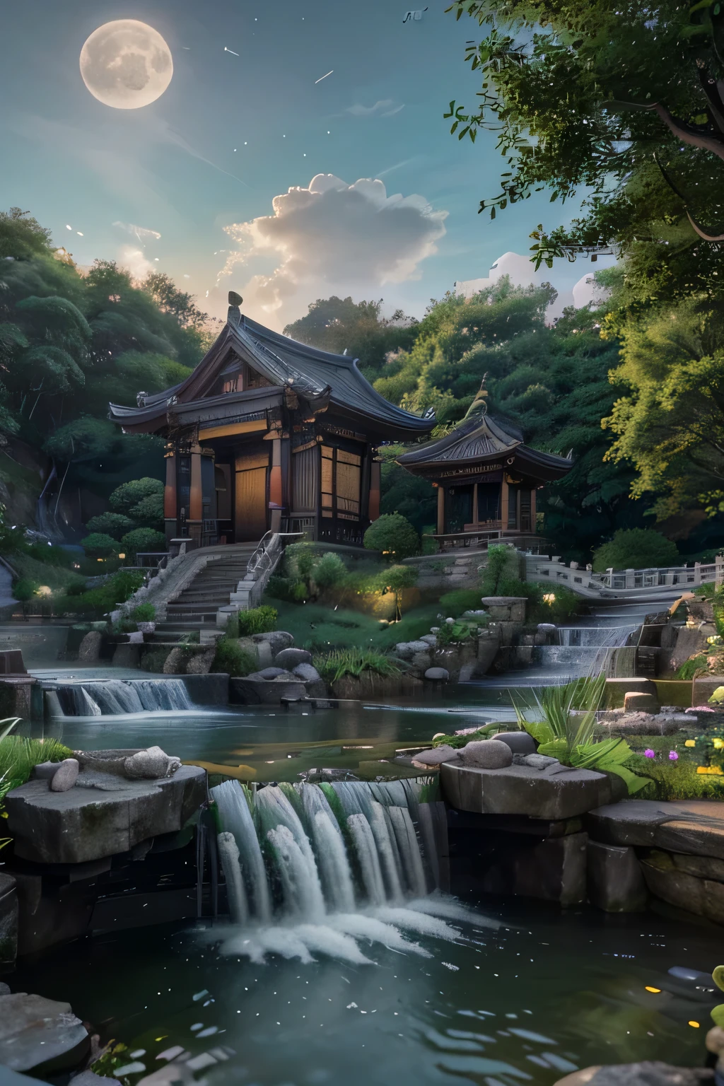Ancient Chinese architecture, moon, midnight, garden, bamboo, lake, stone bridge, rockery, arch, corner, tree, running water, landscape, outdoor, waterfall, grass, rock, water lily, hot spring, water vapor, (Illustration: 1.0), Epic composition, realistic lighting, HD details, masterpiece, best quality, (very detailed CG unity 8k wallpaper), (very detailed CG unity 8k wallpaper), (very detailed CG unity 8k wallpaper), (very detailed CG unity 8k wallpaper), (very detailed CG unity 8k wallpaper), (very detailed CG unity 8k wallpaper), (very detailed CG unity 8k wallpaper), (very detailed CG unity 8k wallpaper), (very detailed CG unity 8k wallpaper), wallpaper (best quality)