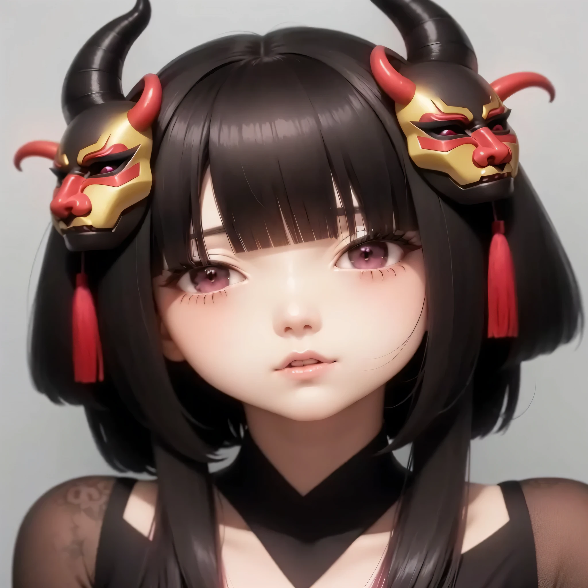 pink hair, half body, Fundo preto com letras japonesas de fundo, uma mulher japonesa anime com roupas pretas e um rosto bravo, a demon mask hanging from his head,