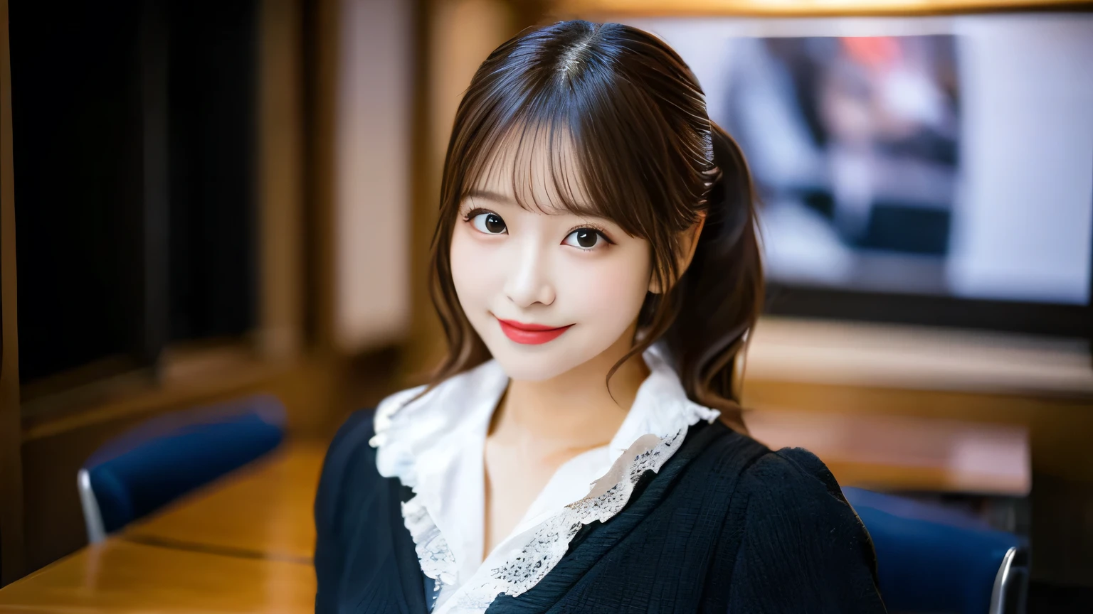 highest quality, table top, ultra high resolution, (Photoreal: 1.4), Front view, Half body, famous japanese actress, revealing clothing, very beautiful woman, cute, Cinematic 35mm lens, f/1 .8, Beautiful double eyes with equal left and right sides, 上Half bodyショット,smile