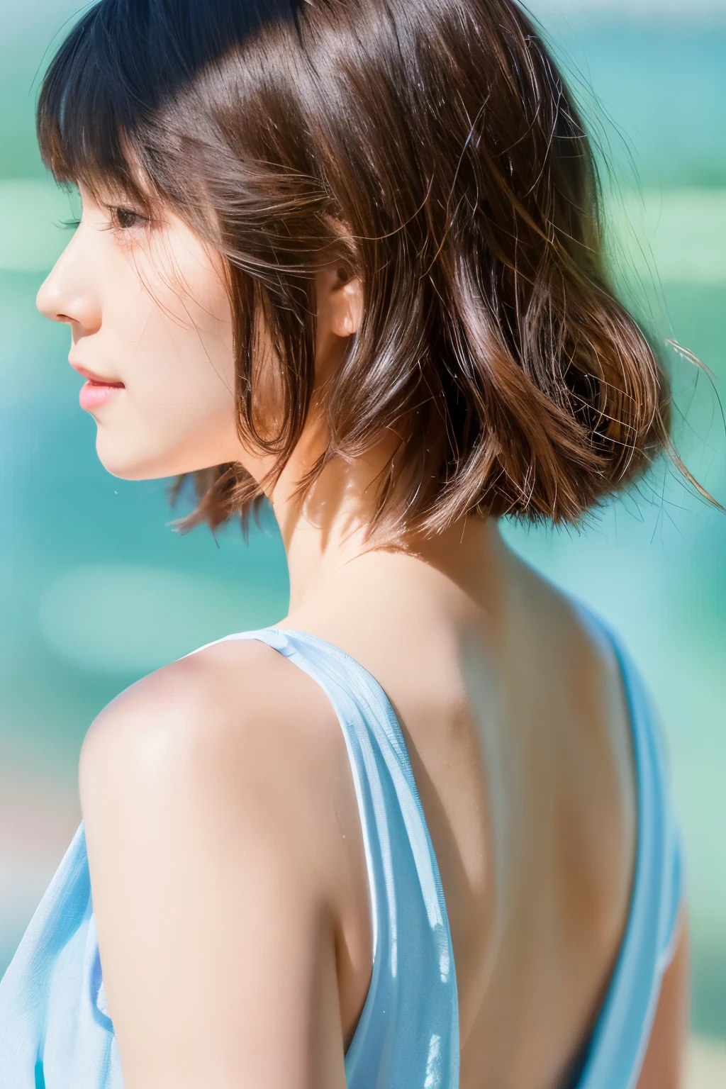 (Highest image quality)、ultra-realistic capture、19 year old Japanese woman、cute、bob hair、With bangs、open back dress、back view、Natural light、shiny skin、natural