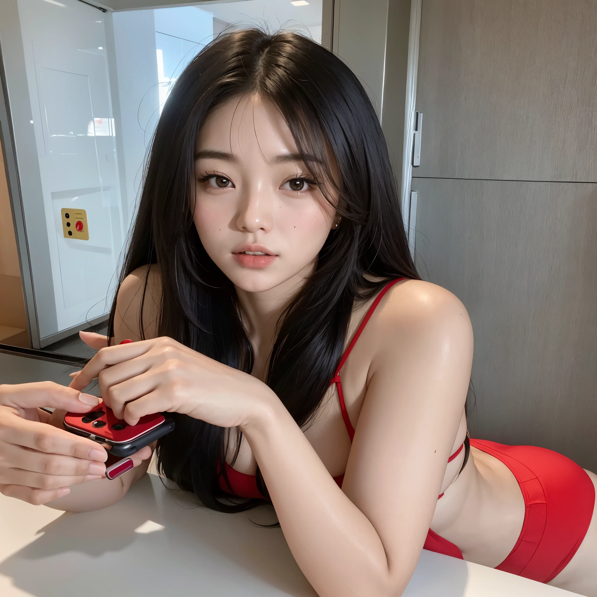 there is a woman in a red bikini holding a cell phone, hermosa joven coreana, muchacha coreana, 18 years, hermosa mujer surcoreana, 22 years, Gongbi, 21 years, 28 years old, 27 years old, Jennie rosa negra, Yoshitomo Nara, heonhwa choe