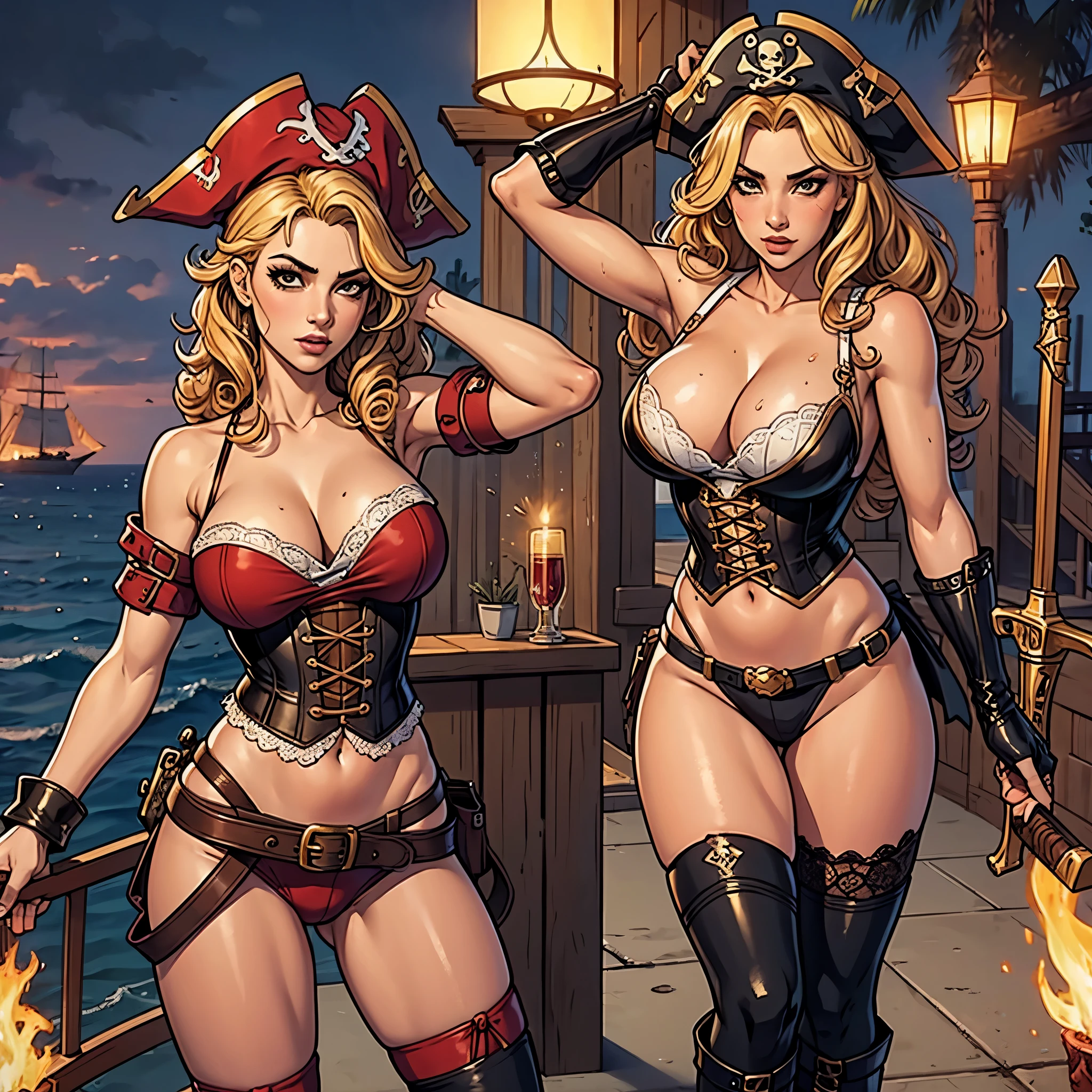 ((1girl)), best quality, sexy pirate girl, long hair, blonde, (((curly hair))), cute, slutty, pirate, flintlock pistol, sword, thighhighs, lace, boots, corset, cleavage, colorful, hot, sweaty, tanned skin, seductive, harbor background, 17th century