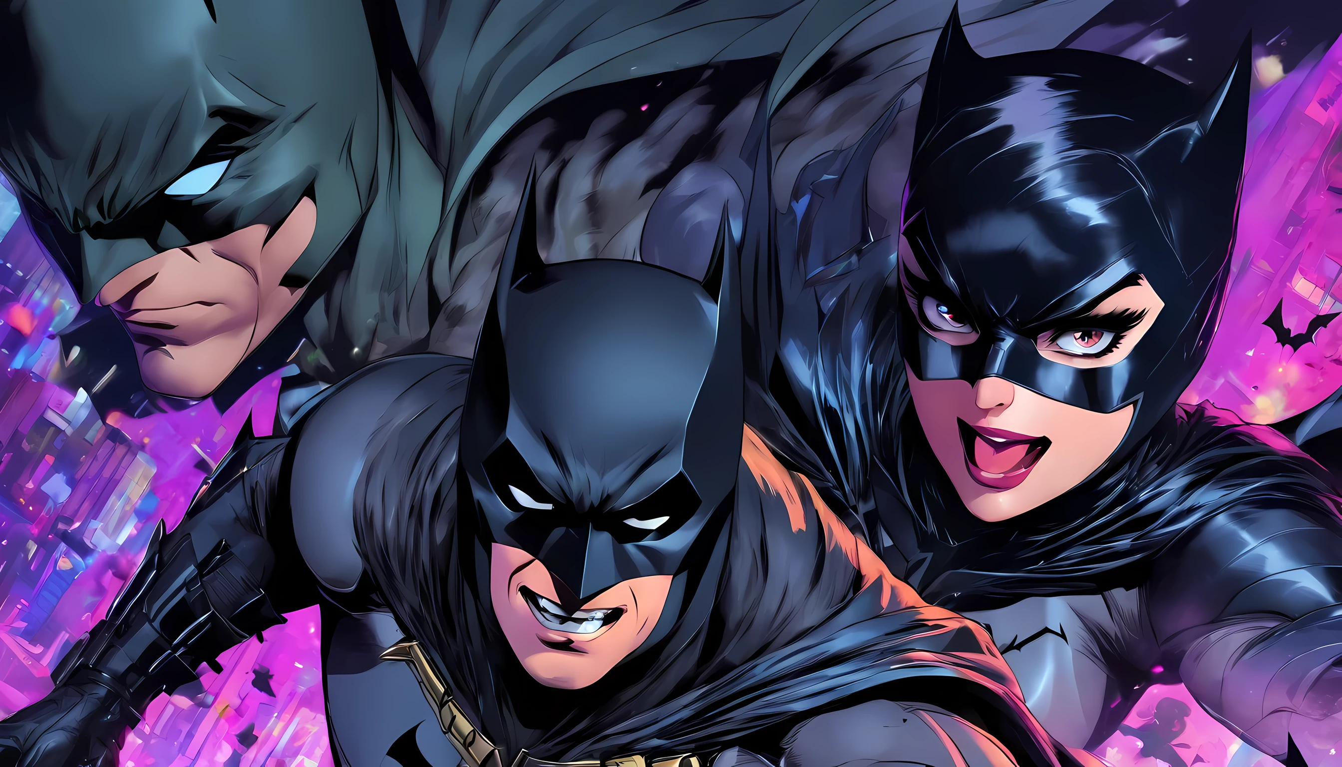 3 people, batman team up with catwoman, bat girl, fighting together, face to detail, detailed eyes, absurdres, highres, 8k illustration, high quality illustration, half-body illustration