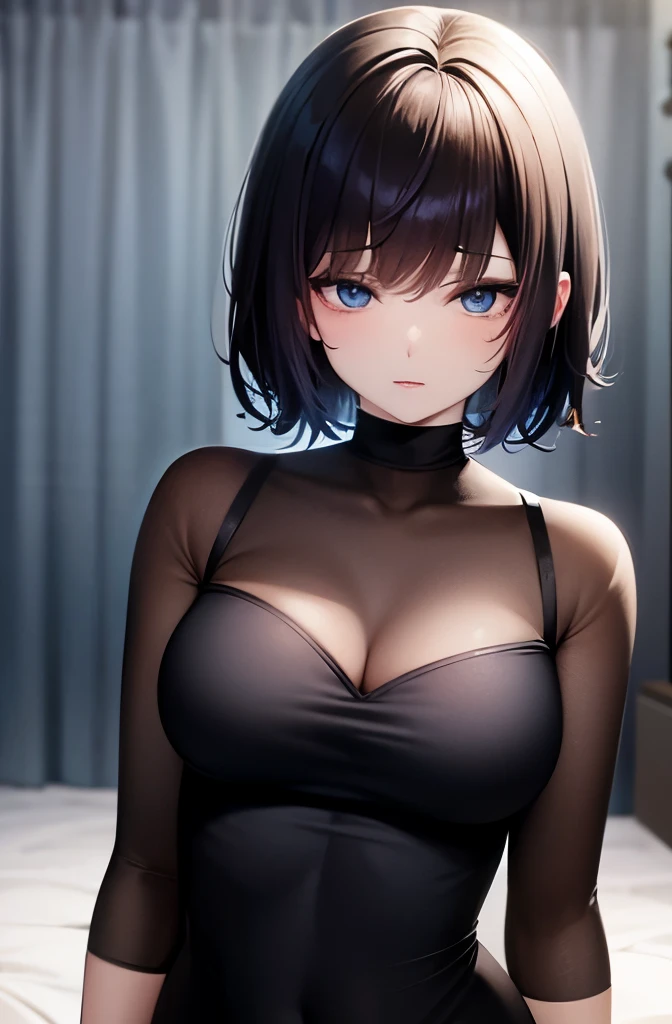 best quality, 8K,,short hair,black hair,,,blue eyes、large breasts、underwear、Bedroom