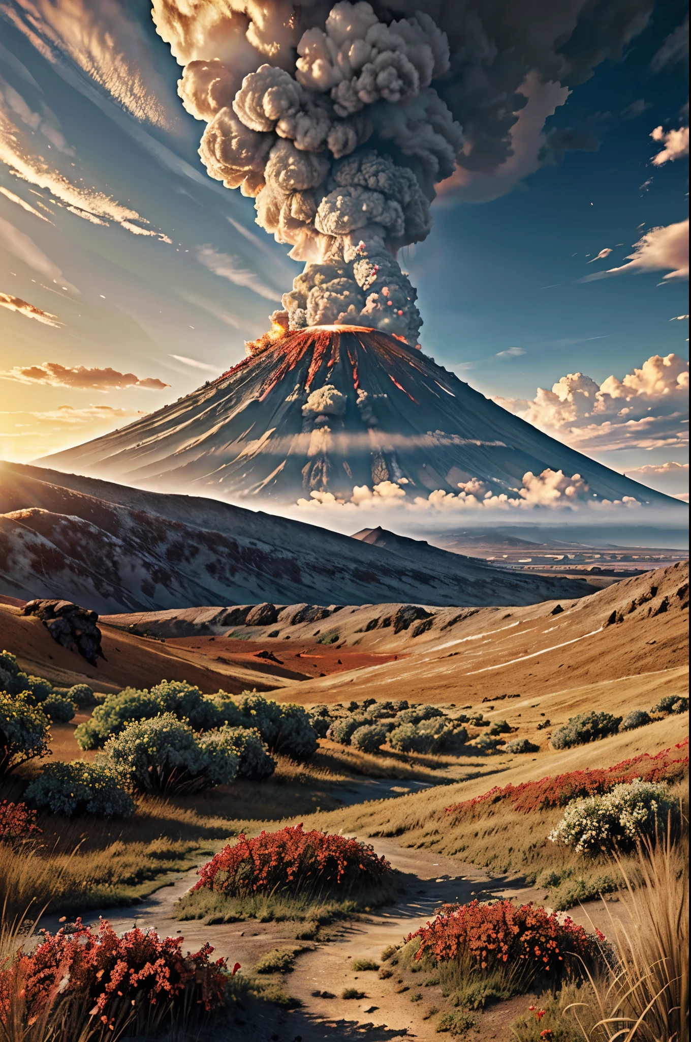 ((realistic, masterpiece, high detail, hyper detailed, high resolution)), real grey stoned ground, white clouds, vibrant sky, dull sun, bursting volcano, flaming magma, red fire, tall grass, burned flowers