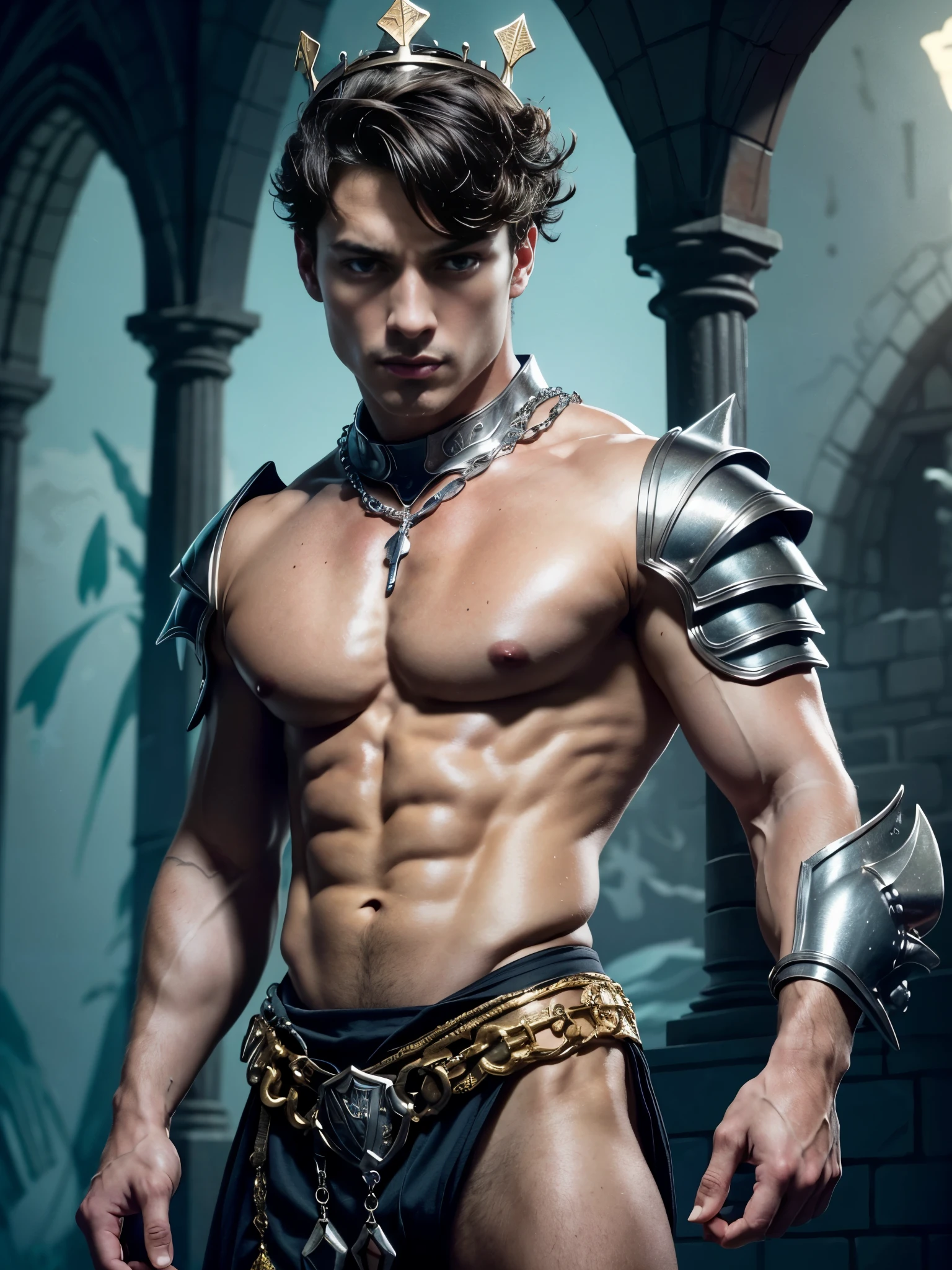 Photorealistic, ((best quality)), ((masterpiece)), (detailed), masculine portrait of a young dark medieval prince, 18-year-old male models, handsome, tall, cute looking, evil look, dark look, powerful, young male, handsome model, clean shave, (aquamarine eyes:1.6) (short curly messy brown hair:1.2), messy curly hair, super strong, muscular, fit, massive muscles, six pack, (shirtless:1.5), barechested, half-naked, topless, muscle, ripped, strong body, fit body, great chest, amazing arms, (evil masculine crown:1.4), fantasy royal jewels, (medieval armor:1.4), a fairytale castle in the background, medieval feast, (Dark background:1) 8k, high detailed, ultra-detailed, Stylish Pose, real skin texture, dark cinematic lighting
