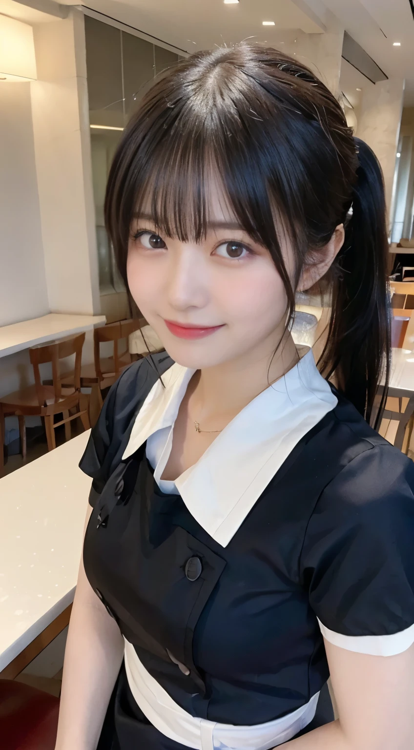 (highest quality,masterpiece:1.3,ultra high resolution,),(Super detailed,caustics),(Photoreal:1.4,RAW shooting,)ultra-realistic capture,very detailed,High resolution 16K human skin close-up。 natural skin texture、,The pores are、、、Must be detailed enough to be easily identified。 Skin should look even-toned and healthy。 Use natural light and color,restaurant,waitress uniform,1 girl,Japanese,18-year-old,cute,black haired,ponytail,big breasts,smile,turn your body forward,(Front view:1.1),look at the camera,cowboy shot,