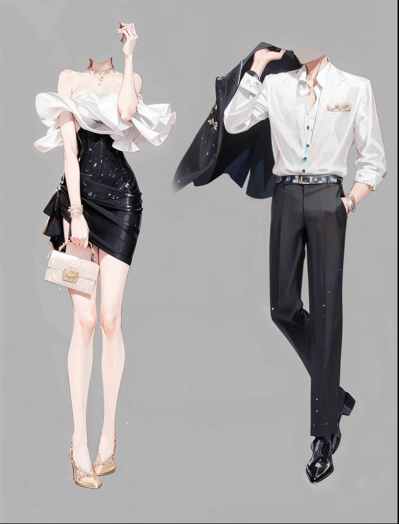 Anime style illustration,Man and woman in formal clothing, High fashion and elegance, fashion concept art, Dress up in dreamy formal attire, Elegant digital art, Costume design, Detailed fashion illustration, Elegant clothes, white and black clothes, luxury fashion illustration, Very detailed and rich costumes, Gorgeous clothes, luxury fashion, Wear long, flowing clothes