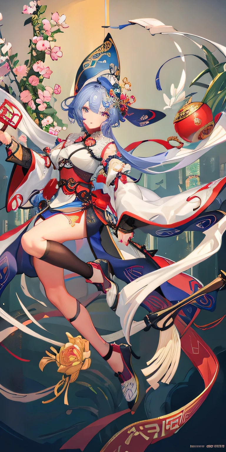 dress, braid, chinese clothes, blue headwear, ofuda, blue skin, jiangshi, qing guanmao, absurdres, RAW photo, extremely delicate and beautiful, masterpiece, Best Quality, ultra high resolution, 32k, hyperrealistic, ultra-detailed, detailed description, pale skin, 20 years old, tearful mole, earring, Colossal tits, short medium hair, wavy hair, evil grin, whole body shot,