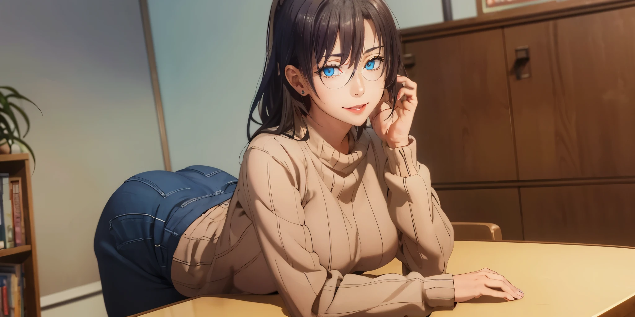 anatomically correct, best quality, masterpiece, high quality, high details, highres, HD, (shaded face:1.2), hollow eyes, blue eyes, looking at viewer, seductive smile, glasses, lips, sensei, black hair, ponytail, scrunchie, huge breasts, solo, blurry, 1girl, depth_of_field, earrings, blurry_background, breasts, jewelry, bookshelf, red_eyes, indoors, table, sweater, solo, large_breasts, looking_at_viewer, blurry_foreground, long_sleeves, closed_mouth, bangs, blush, pantyhose, hand_on_own_cheek, sidelocks, breast_rest, ribbed_sweater