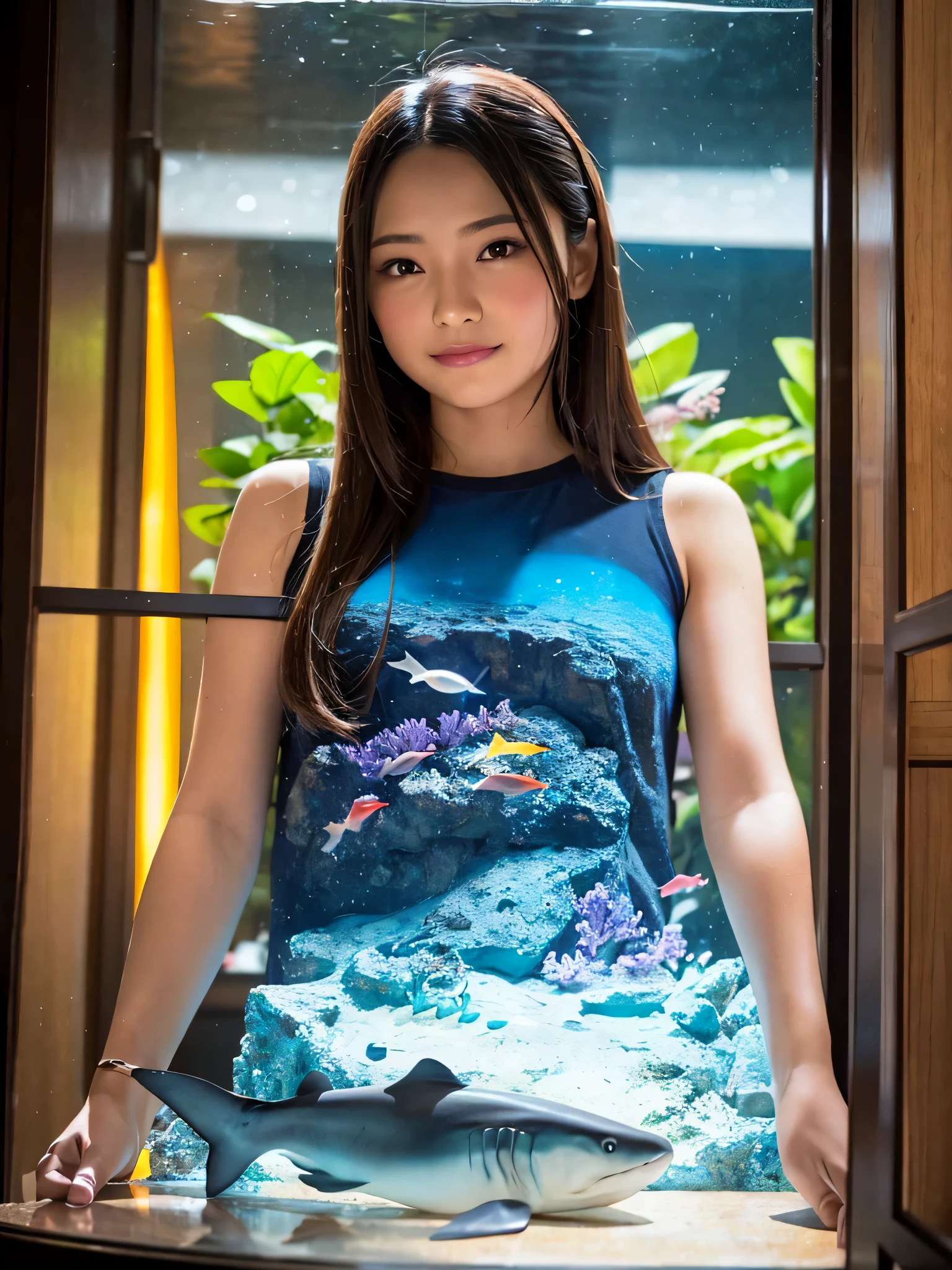 (best quality), (ultra-detailed), (llustration), (detailed light), (an extremely delicate and beautiful), 1young girl, long hair, brown eyes, (smile slightly, Innocent and cute expression), model, Enchanting, Sublime, Ethereal, fantastic, extremely detailed CG unified 8k wallpaper, High-definition raw color photos, professional photography, (Bokeh), indoors, (aquarium), whale shark, shark, small fish, napoleon fish, Backlighting, depth of fields,