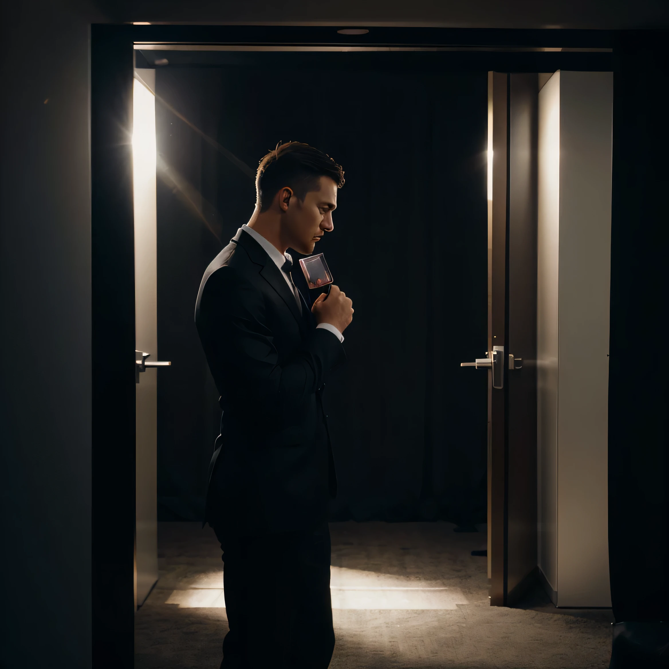 A business man applying perfume before go on stage for presentation, businness pitch, convention hall, half body, real, cinematic lighting, contrast, photorealism, 8k detail