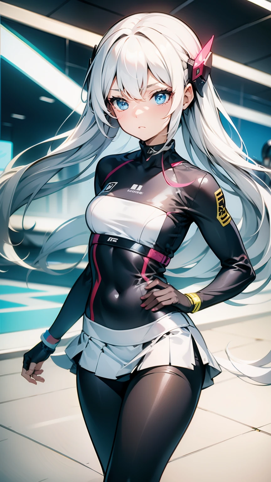 （cartoon）no background，white hair girl，girlish feeling，first love，Concerned eyes，immature，gentle，Sci-fi hair accessories，racing suit with skirt，absolute realm，white silk，light blue eyes