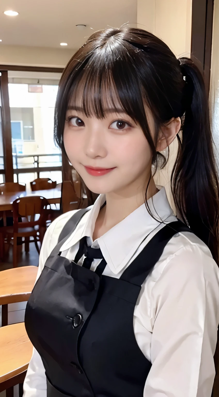 (highest quality,masterpiece:1.3,ultra high resolution,),(Super detailed,caustics),(Photoreal:1.4,RAW shooting,)ultra-realistic capture,very detailed,High resolution 16K human skin close-up。 natural skin texture、,The pores are、、、Must be detailed enough to be easily identified。 Skin should look even-toned and healthy。 Use natural light and color,restaurant,waitress uniform,1 girl,Japanese,18-year-old,cute,black haired,ponytail,big breasts,smile,turn your body forward,(Front view:1.1),look at the camera,cowboy shot,