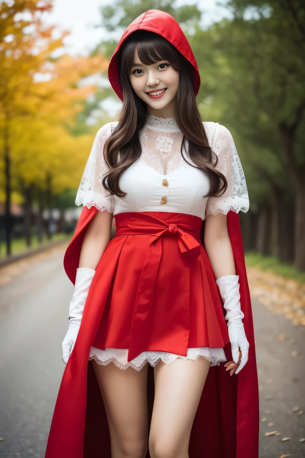 (highest quality、ultra high resolution、masterpiece:1.3), medium hair with bangs, Fine and moisturized eyes, rough skin, highest quality, In 8K, blurred background, ((thin waist, thin thighs:1.1, long legs)), (big breasts), natural color lip, smile, A woman with perfect style, I&#39;m in a high traffic area, Little Red Riding Hood costume with red cotton cloak, , lace gloves, Pumpkin lantern