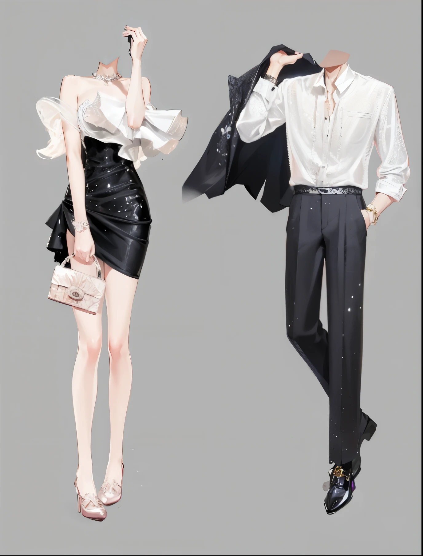 Anime style illustration,Man and woman in formal clothing, High fashion and elegance, fashion concept art, Dress up in dreamy formal attire, Elegant digital art, Costume design, Detailed fashion illustration, Elegant clothes, white and black clothes, luxury fashion illustration, Very detailed and rich costumes, Gorgeous clothes, luxury fashion, Wear long, flowing clothes
