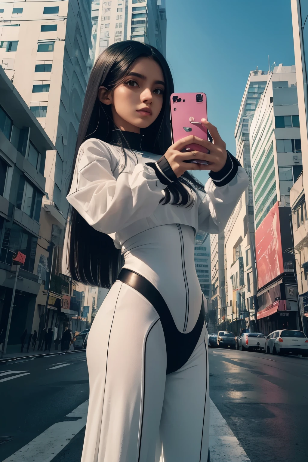 1 girl, solo, bodysuit, chest, covered navel, cowboy shot, fake animal ears, long tiger headgear, gloves, impossible bodysuit, latex, latex bodysuit, long hair, long sleeves, looking at viewer, big, open mouth, white bodysuit, pretty eyes, shiny clothes, shrug \(clothing\), side lock, skin snug, smile, thigh gap, very long hair, white gloves, (shiny skin), real,