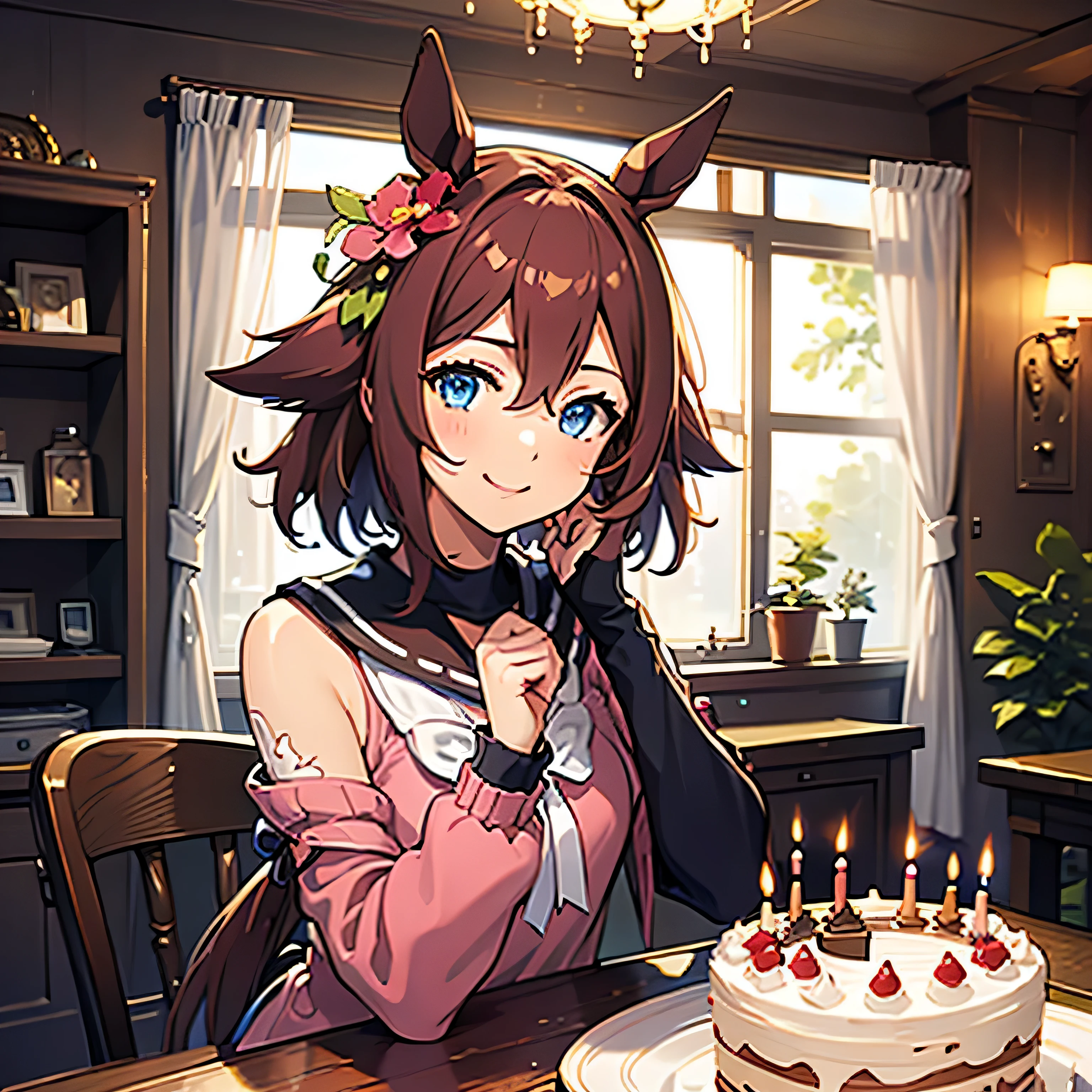 ((8k, highest quality, masterpiece: 1.2, super detailed, ultra high resolution, super detailed)), 1 girl, Sakura Chiyono \(umamusume\), (smile: 1.6), BBC, horse ears, medium hair , hair between eyes, bangs, hair flower, (pink sweater, short sleeve), white shirt, long sleeve, tail, horse tail, shorts, legwear under shorts, pantyhose, black pantyhose, Upper body, sit in a chair , professional lighting, indoor, restaurant, ((birthday cake)), chandelier, ignition, inside the room, birthday celebration