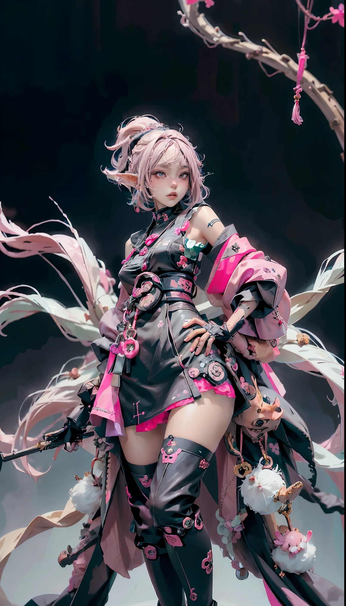 Anime woman character, whole body, Permanently installed, ((design sketches)), (masterpiece),  (Original design), Image of a beautiful elf woman with short pink hair, Wearing antique black japanese kimono &amp;, Toy, Wearing black gloves on each hand, Black stockings and black boots, Dynamic station stereoscopic, warrior, long clothes, blue eyes with pink, Korean