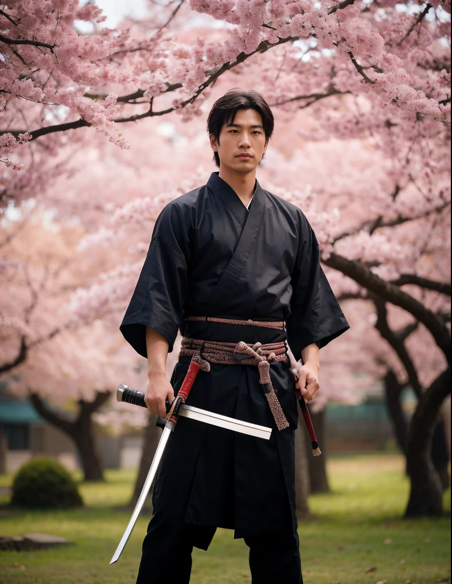 An asian man as a samurai on autumn. Sakura tree 