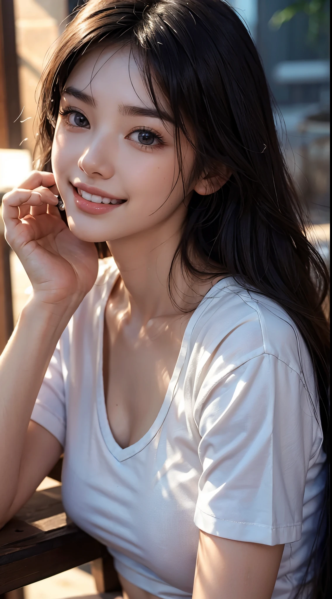 highest quality、8k、32K、Masseter muscle part、nffsw:1.3)、((Close-up:1.3)),cute japanese girl、1 girl、((wet long hair))、profile、(crack your abs、slim body shape:1.2)、(lips) 、(orange hair)、double eyelid、shiny skin、realistic rays of light、big、beautiful face、(laughter:1.3)、squat、(From above:1.2)、(Close-up:1.4)、coastal、wet white t-shirt、blurred background、(front focus)、photo realistic、professional lighting、highly detailed face、award-winning、deep shadow、((Ultra-realistic raw photos)),fine eyes,Eyes like the real thing,fine hair,