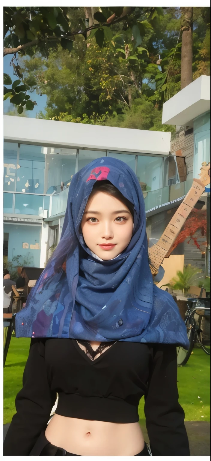 ((Best quality, 8k, Masterpiece :1.37)), (wear hijab girls), girls wear hijab, postion:sitting, style model, (girls wearing hijab moslem), beautiful face, 18 years old girls, ultra detailed face, ultra detailed body, slim body, lips smile, Beautiful detailed eyes, eyes korean, detailed nose, Natural Lip, view of the blue sky, Slim Body, realistic face, blue background