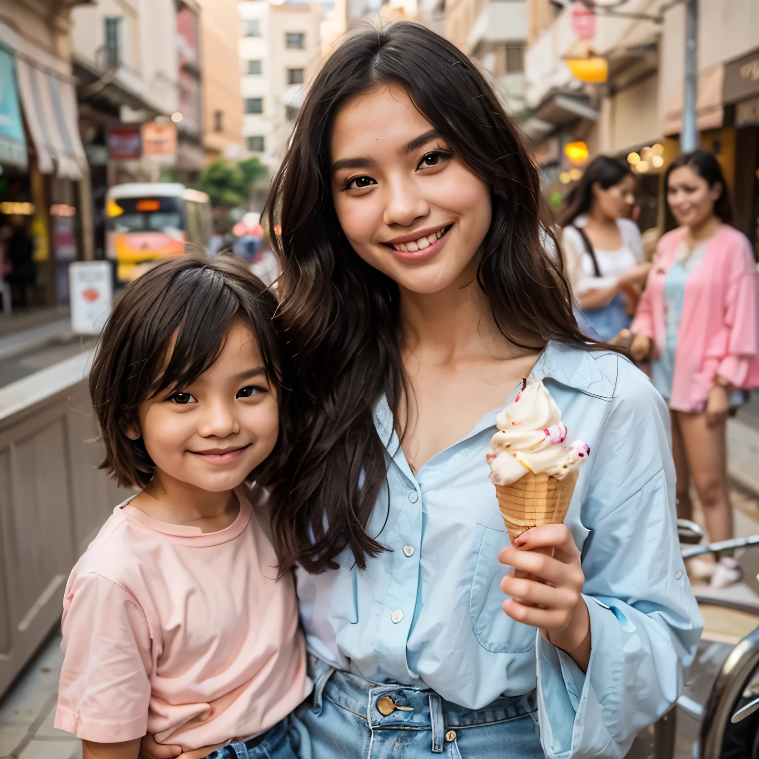 A 25-year-old Indonesian woman with shoulder-length black hair is holding a gelato ice cream. She is wearing a pink shirt and blue jeans. She is accompanied by a smiling 7--old o is also holding a gelato ice cream. The background is a simple white wall.