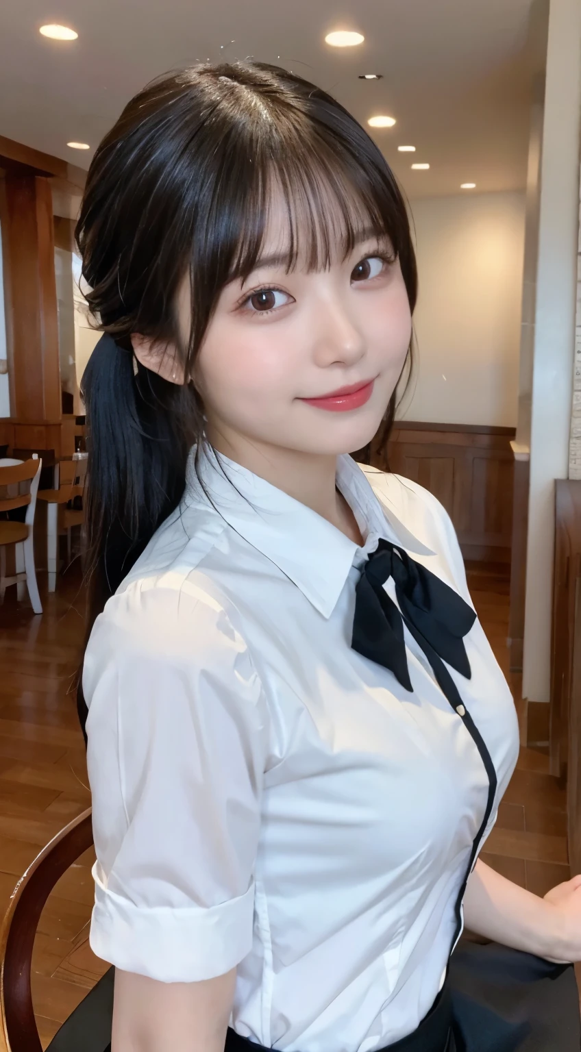 (highest quality,masterpiece:1.3,ultra high resolution,),(Super detailed,caustics),(Photoreal:1.4,RAW shooting,)ultra-realistic capture,very detailed,High resolution 16K human skin close-up。 natural skin texture、,The pores are、、、Must be detailed enough to be easily identified。 Skin should look even-toned and healthy。 Use natural light and color,restaurant,waitress uniform,1 girl,Japanese,18-year-old,cute,black haired,ponytail,big breasts,smile,turn your body forward,(Front view:1.1),look at the camera,cowboy shot,