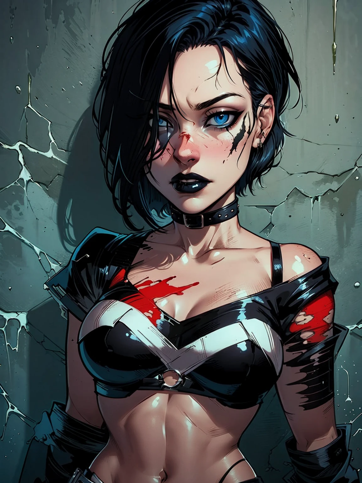 a woman with short black hair, hair on shoulders,  wearing a black cropped  and plaid skirt, black jacket blue eyes, zombie art, gothic art, cute aesthetic with vibe, toon aesthetic, wearing red costume, wearing gothic accessories, look like Cassie Hack, upper body, holding a skull in his hand, horror background