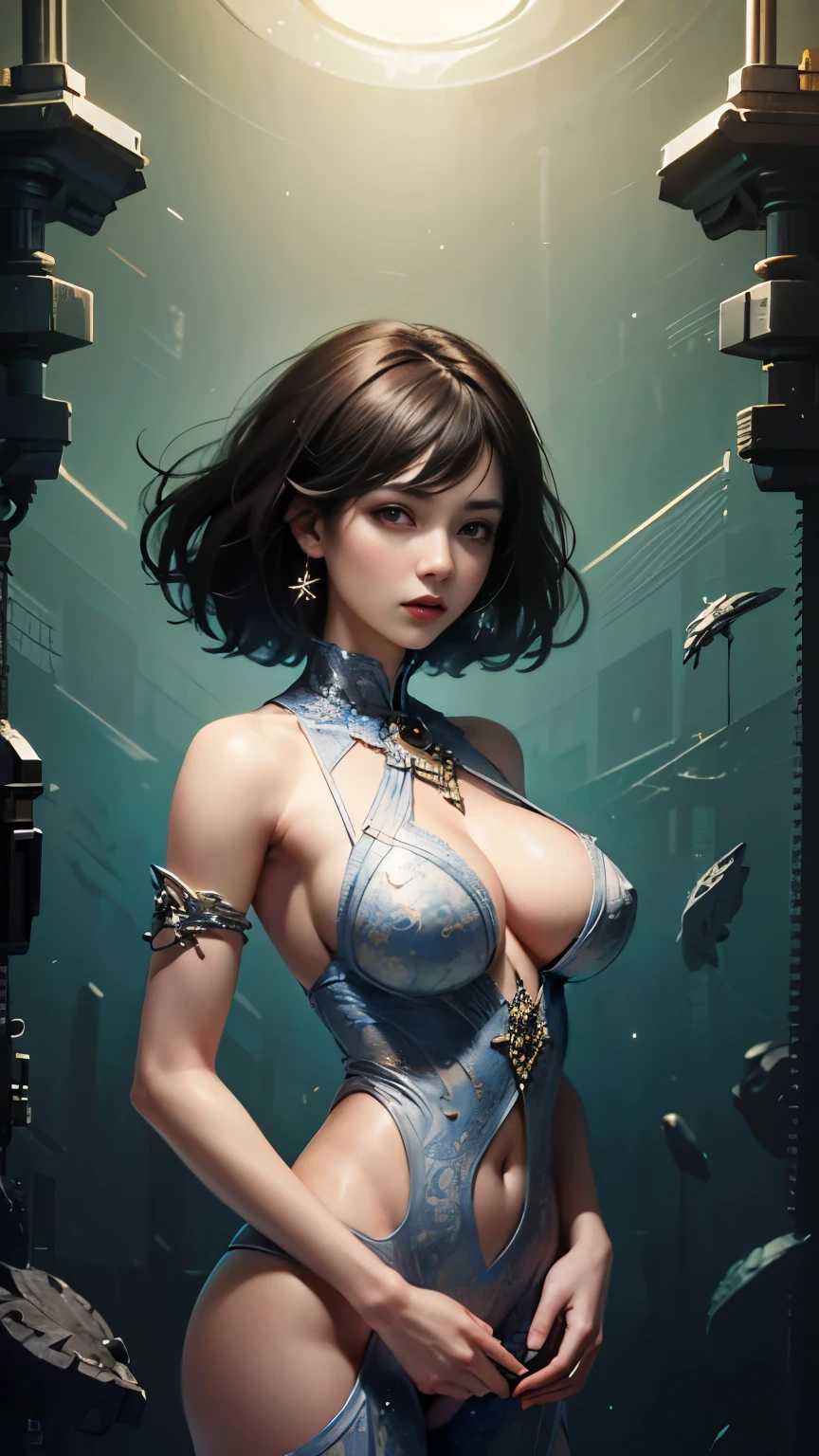 official art, unity 8k wallpaper, ultra detailed, beautiful and aesthetic, masterpiece, best quality, (zentangle, mandala, tangle, entangle), (fractal art:1.3) , 1girl, extremely detailed, dynamic angle, cowboyshot, the most beautiful form of chaos, elegant, a brutalist designed, vivid colours, romanticism, by james jean, roby dwi antono, ross tran, francis bacon, michal mraz, adrian ghenie, petra cortright, gerhard richter, takato yamamoto, ashley wood, atmospheric, ecstasy of musical notes, streaming musical notes visible ,cool beauty,tall woman,short cut hair,Black hair,Precisely expresses details such as face and skin texture,beautiful eye, double eyelid,delicate skin,slender body shape,alone,big breasts,whole body